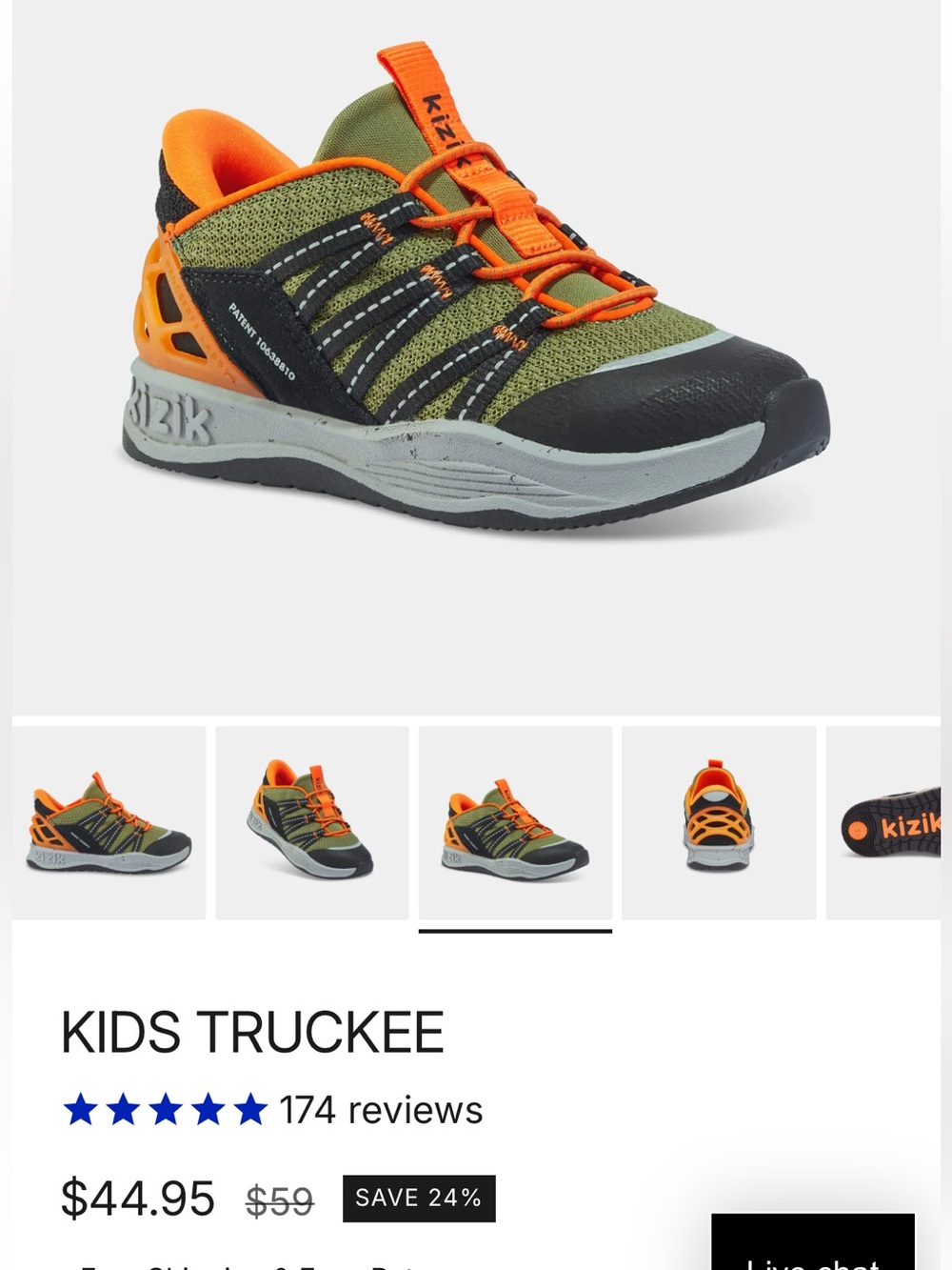Kizik Kids Athletic Shoe - Olive Green & Bright Orange Accents